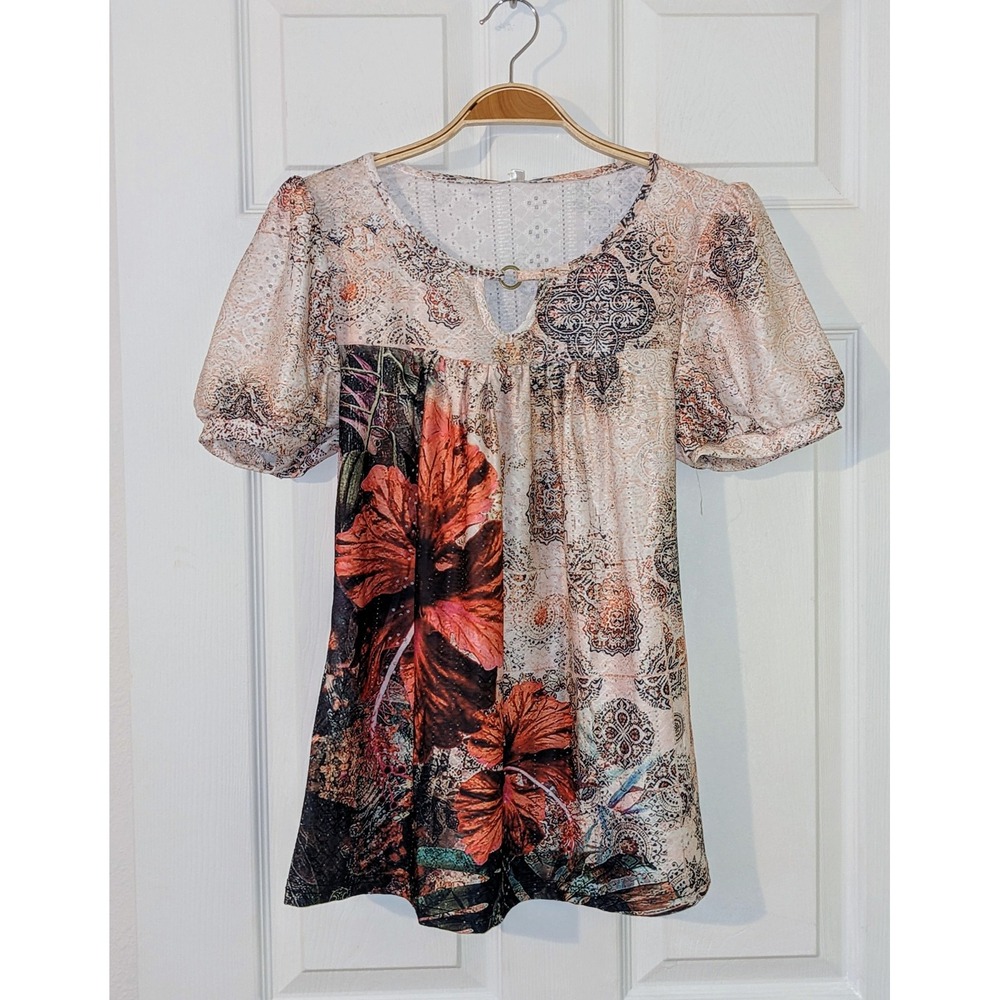 Soesdemo Floral Print Blouse Keyhole‎ Neckline Puff Sleeve Top Size S NWT